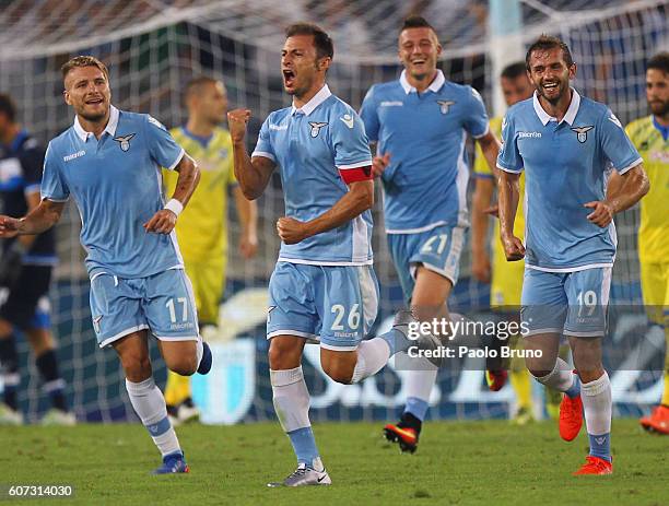 Stefan Radu of SS Lazio celebrates after scoring the team's second goal during the Serie A match between SS Lazio and Pescara Calcio at Stadio...