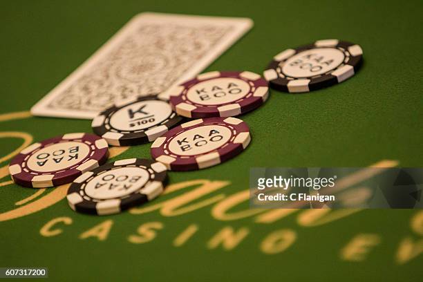 Chips and poker playing cards during play at the inaugural KAABOO Charity Poker Tournament at the 2016 KAABOO Del Mar at the Del Mar Fairgrounds on...