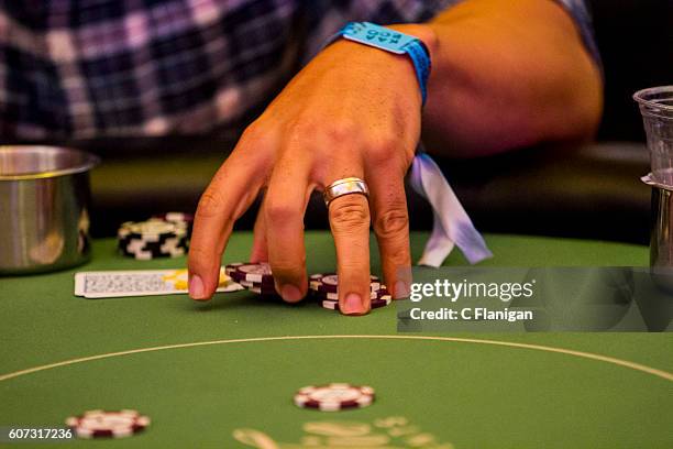 Festival guest plays at the inaugural KAABOO Charity Poker Tournament at the 2016 KAABOO Del Mar at the Del Mar Fairgrounds on September 16, 2016 in...