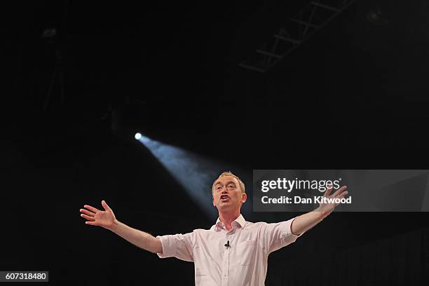 Tim Farron, leader of the Liberal Democrats rallies delegates at the end of the first day of their party's conference at the Brighton Conference...