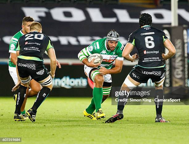 Filippo Gerosa of Benetton Treviso lines up James King of Ospreys during the Guinness PRO12 Round 3 match between Ospreys and Benetton Rugby Treviso...