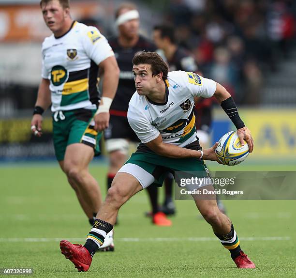 Lee Dickson of Northampton passes the ball during the Aviva Premiership match between Saracens and Northampton Saints at Allianz Park on September...