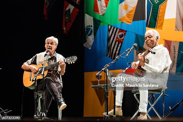 Caetano Veloso and Gilberto Gil performs live on stage at Citibank Hall on September 16, 2016 in Sao Paulo, Brazil.