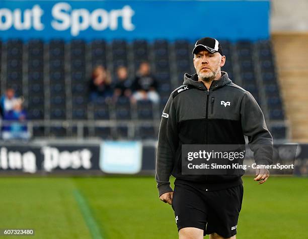 Head Coach Steve Tandy of Ospreys during the pre match warm up during the Guinness PRO12 Round 3 match between Ospreys and Benetton Rugby Treviso at...