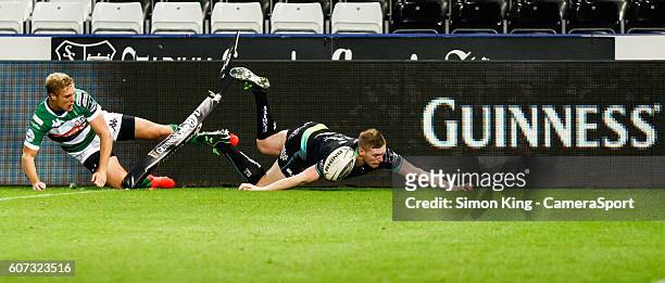 Dafydd Howells of Ospreys scores his sides fifth try during the Guinness PRO12 Round 3 match between Ospreys and Benetton Rugby Treviso at Liberty...