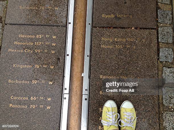 feet on the greenwich meridian - the greenwich meridian stock pictures, royalty-free photos & images