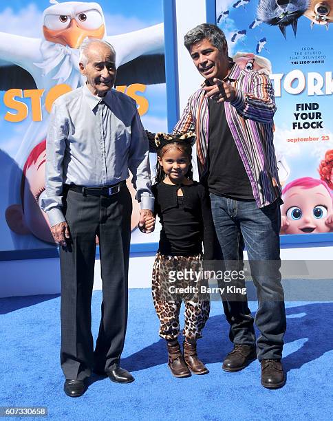 Actor Esai Morales daughter Mariana Oliveira Morales and father Esai Morales attend the premiere of Warner Bros. Pictures' 'Storks' at Regency...