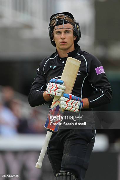 Tom Curran of Surrey cuts a dejected figure as he walks from the field after being run out during the Royal London One-Day Cup Final match between...