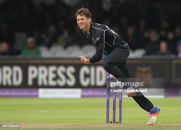 Zafar Ansari of Surrey bowls during the Royal London One-Day Cup Final match between Surrey and Warwickshire at Lord's Cricket Ground on September...