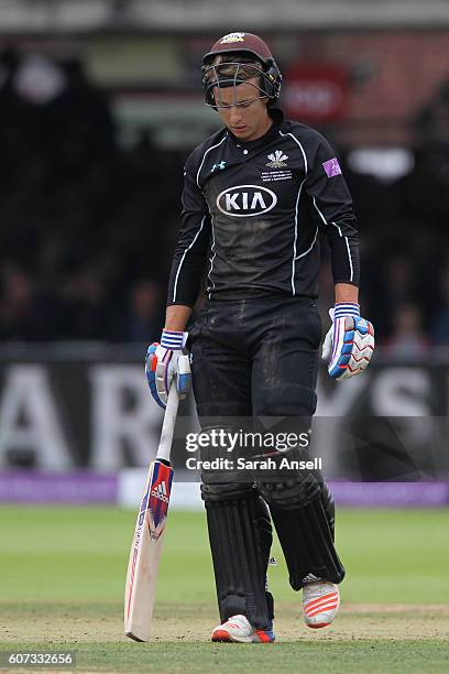 Tom Curran of Surrey cuts a dejected figure as he walks from the field after being run out during the Royal London One-Day Cup Final match between...