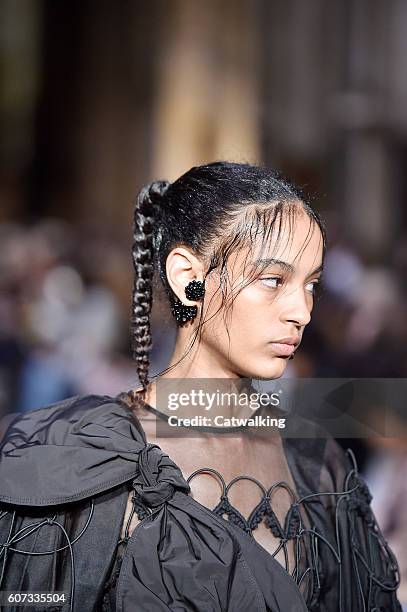 Model walks the runway at the Simone Rocha Spring Summer 2017 fashion show during London Fashion Week on September 17, 2016 in London, United Kingdom.