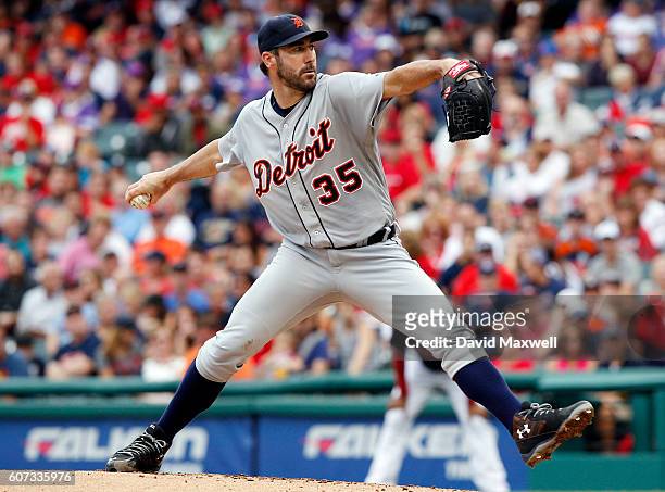 Justin Verlander of the Detroit Tigers pitches against the Cleveland Indians in the second inning at Progressive Field on September 17, 2016 in...
