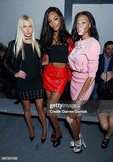 Jourdan Dunn, Jessica Hart and Winnie Harlow attend the Versus Versace show during London Fashion Week Spring/Summer collections 2016/2017 on...