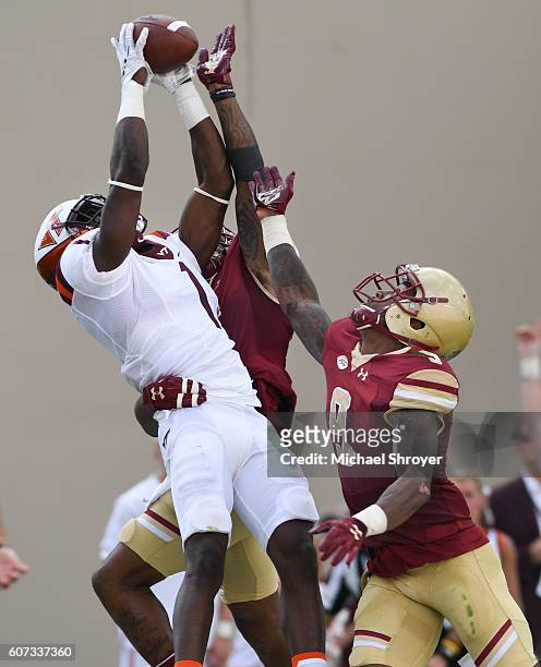Wide receiver Isaiah Ford of the Virginia Tech Hokies catches a touchdown pass against the Boston College Eagles in the first half at Lane Stadium on...