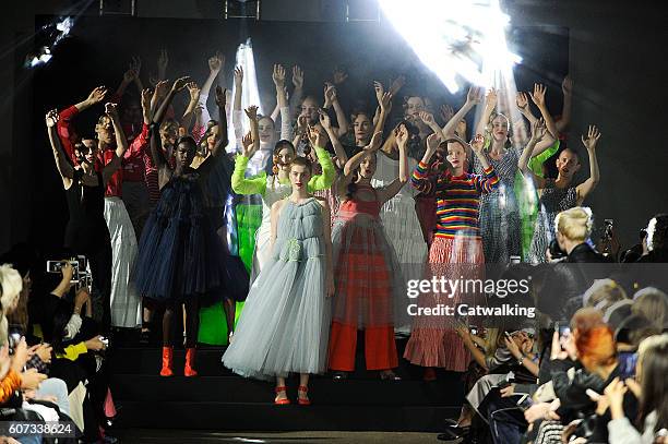 Models walk the runway at the Molly Goddard Spring Summer 2017 fashion show during London Fashion Week on September 17, 2016 in London, United...