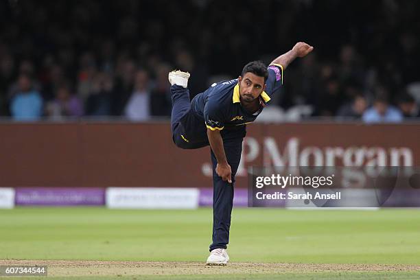 Ateeq Javid of Warwickshire bowls during the Royal London One-Day Cup Final match between Surrey and Warwickshire at Lord's Cricket Ground on...