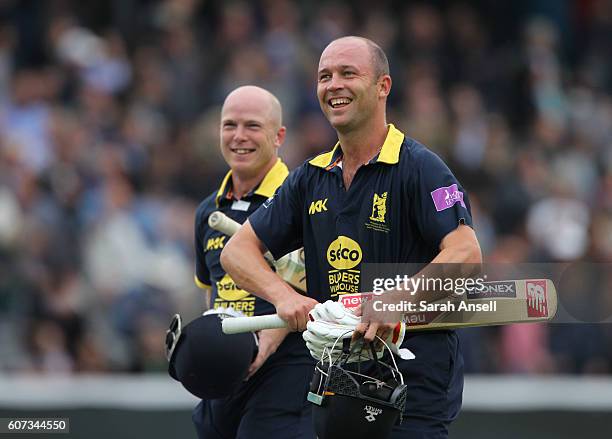 Jonathan Trott and Tim Ambrose of Warwickshire look delighted after seeing their side to victory during the Royal London One-Day Cup Final match...