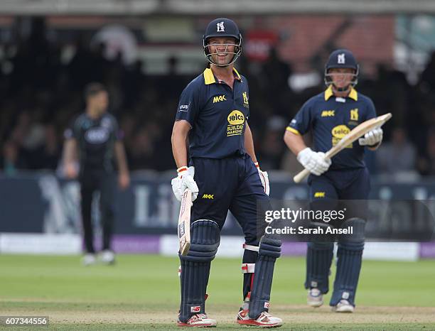 Jonathan Trott of Warwickshire looks delighted after hitting the winning runs during the Royal London One-Day Cup Final match between Surrey and...