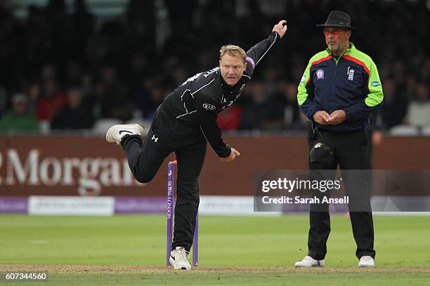 Gareth Batty of Surrey bowls during the Royal London One-Day Cup Final match between Surrey and Warwickshire at Lord's Cricket Ground on September...