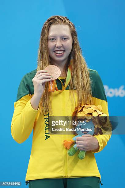 Bronze medalist Lakeisha Patterson of Australia cellebrates on the podium at the medal ceremony for Women's 200m Individual Medley - SM8 on day 10 of...