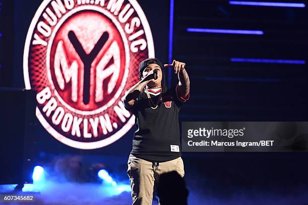 Young M.A and Kitisha Phillips perform onstage during the 2016 BET Hip Hop Awards at Cobb Energy Performing Arts Center on September 17, 2016 in...