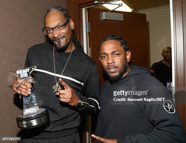 Snoop Dogg and Kendrick Lamar poses backstage during the 2016 BET Hip Hop Awards at Cobb Energy Performing Arts Center on September 17, 2016 in...