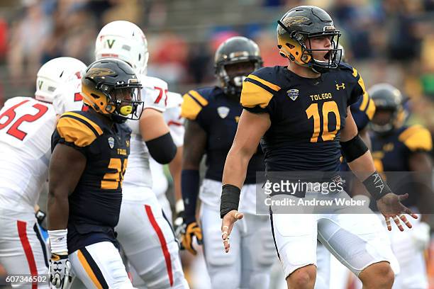 Defensive end John Stepec of the Toledo Rockets celebrates a sack against the Fresno State Bulldogs during the third quarter at Glass Bowl on...