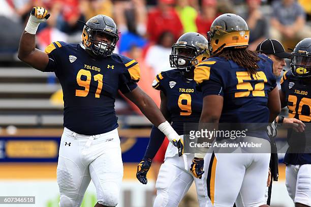 Defensive tackle Treyvon Hester of the Toledo Rockets celebrates a sack against Fresno State Bulldogs during the second quarter at Glass Bowl on...
