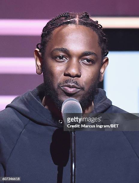 Kendrick Lamar speaks onstage during the 2016 BET Hip Hop Awards at Cobb Energy Performing Arts Center on September 17, 2016 in Atlanta, Georgia.