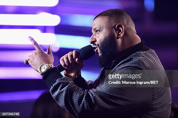 Khaled speaks onstage during the 2016 BET Hip Hop Awards at Cobb Energy Performing Arts Center on September 17, 2016 in Atlanta, Georgia.