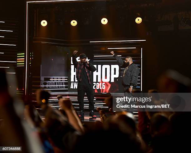 Sway and DJ Khaled performs onstage during the 2016 BET Hip Hop Awards at Cobb Energy Performing Arts Center on September 17, 2016 in Atlanta,...