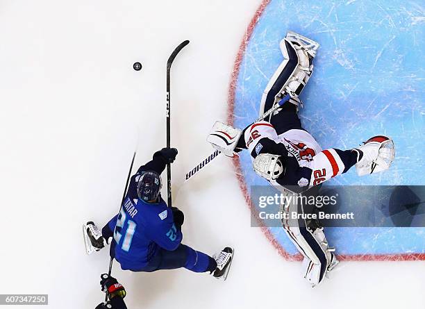 Jonathan Quick of Team USA stops Tomas Tatar of Team Europe during the World Cup of Hockey tournament at the Air Canada Centre on September 17, 2016...