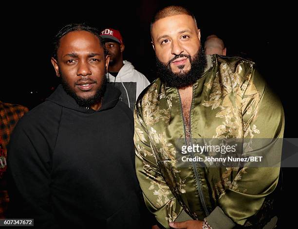 Kenrick Lamar and DJ Khaled poses backstage during the 2016 BET Hip Hop Awards at Cobb Energy Performing Arts Center on September 17, 2016 in...