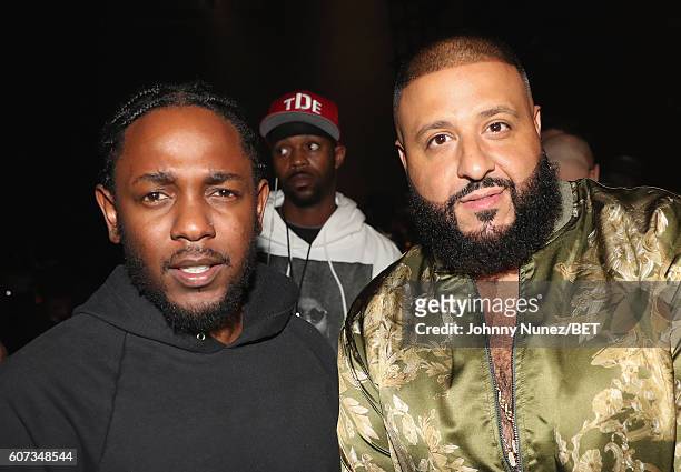 Kendrick Lamar and DJ Khaled pose backstage during the 2016 BET Hip Hop Awards at Cobb Energy Performing Arts Center on September 17, 2016 in...