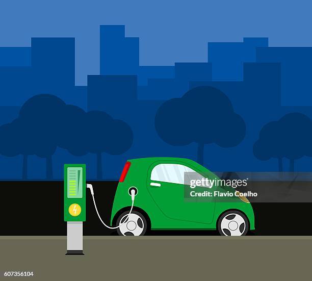 ilustraciones, imágenes clip art, dibujos animados e iconos de stock de electric car recharging - coche del futuro