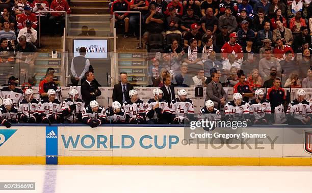 Team USA looks on from the bench while playing Team Europe at the World Cup of Hockey on September 17, 2016 in Toronto, Canada.