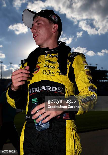 Brandon Jones, driver of the Tide/Menards Chevrolet, stands on the grid after the NASCAR XFINITY Series Drive for Safety 300 at Chicagoland Speedway...