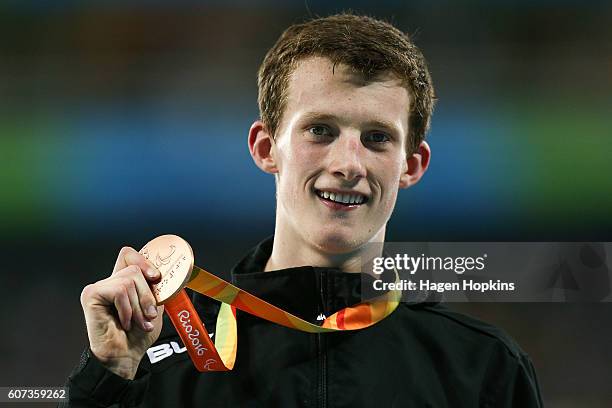 William Stedman of New Zealand holds his bronze medal after taking third place in the Men's 800m T36 final on day 10 of the Rio 2016 Paralympic Games...