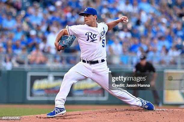 Jason Vargas of the Kansas City Royals throws a pitch in his first outing since Tommy John surgery during the first inning against the Chicago White...