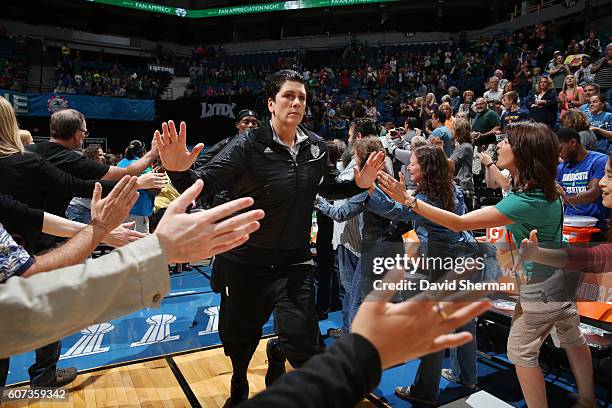 Janel McCarville of the Minnesota Lynx gets introduced before the game against the Atlanta Dream on September 17, 2016 at Target Center in...