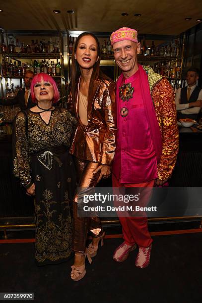 Zandra Rhodes,Pat Cleveland,Andrew Logan attend the launch of model Pat Cleveland's new book "Walking With The Muses" at Blakes Below on September...