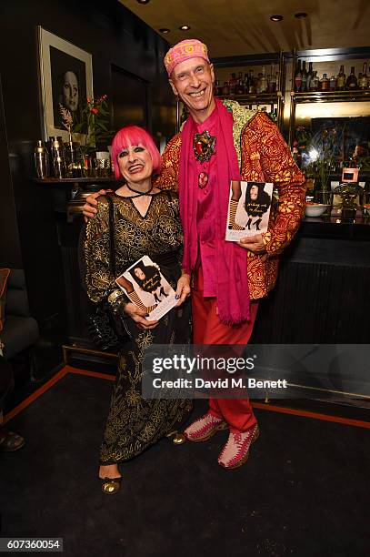 Zandra Rhodes and Andrew Loganattends the launch of model Pat Cleveland's new book "Walking With The Muses" at Blakes Below on September 17, 2016 in...