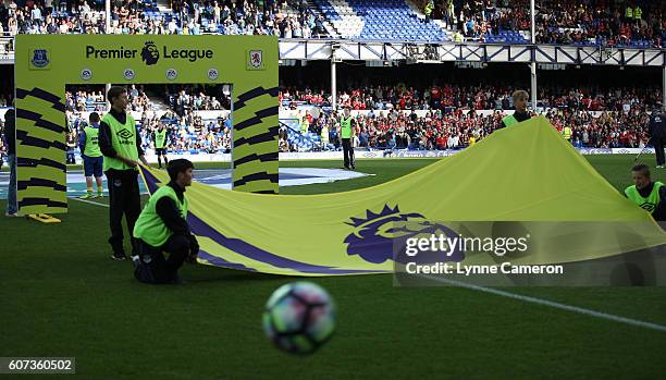 Premier League branding during the Premier League match between Everton and Middlesbrough at Goodison Park on September 17, 2016 in Liverpool,...