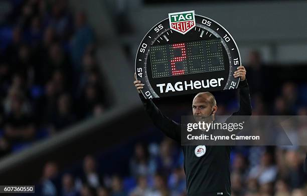 Fourth Official Bobby Madley uses the TAG Heuer board during the Premier League match between Everton and Middlesbrough at Goodison Park on September...