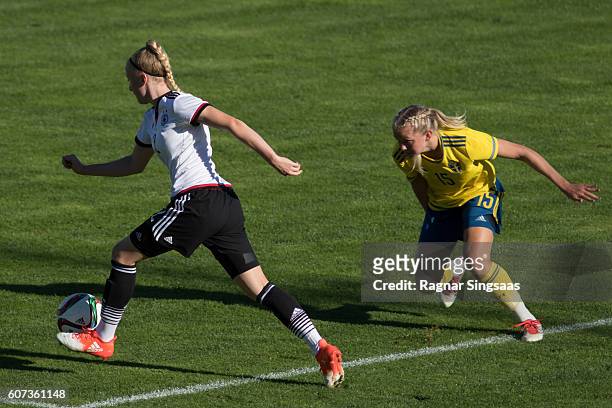 Anna Gerhardt of Germany and Amanda Persson of Sweden compete for the ball during the International Friendly game between Sweden U20 Women's and...