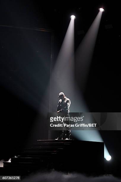 Performs onstage during the 2016 BET Hip Hop Awards at Cobb Energy Performing Arts Center on September 17, 2016 in Atlanta, Georgia.