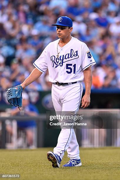 Jason Vargas of the Kansas City Royals walks off the field after pitching three innings of one run baseball against the Chicago White Sox in his...