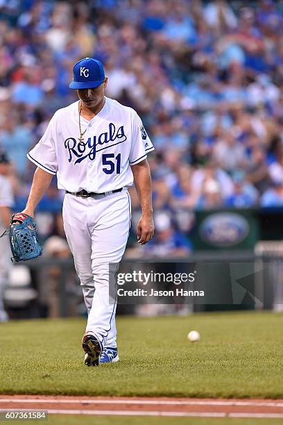 Jason Vargas of the Kansas City Royals walks off the field after pitching three innings of one run baseball against the Chicago White Sox in his...