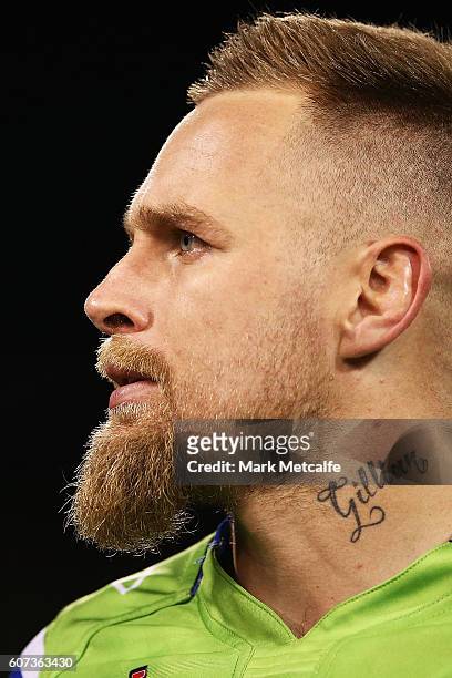 Blake Austin of the Raiders looks on during the second NRL Semi Final match between the Canberra Raiders and the Penrith Panthers at GIO Stadium on...