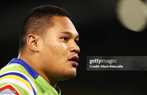 Joseph Leilua of the Raiders looks on during the second NRL Semi Final match between the Canberra Raiders and the Penrith Panthers at GIO Stadium on...